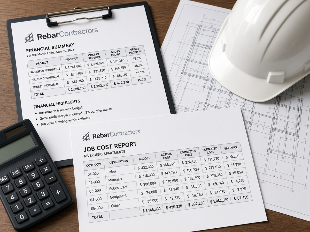 Construction project budget summary, calculator, and hard hat on an office desk