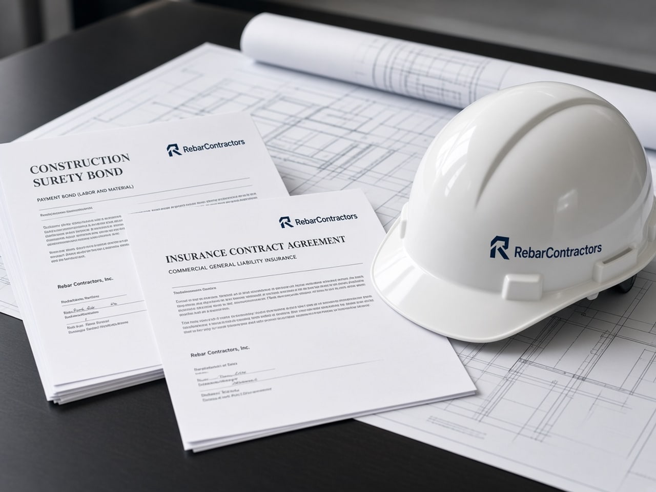 Surety bond documents, contract agreement, and hard hat for construction bonding