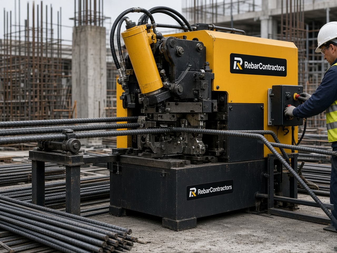 Hydraulic rebar bending, cutting, and tying machinery for construction