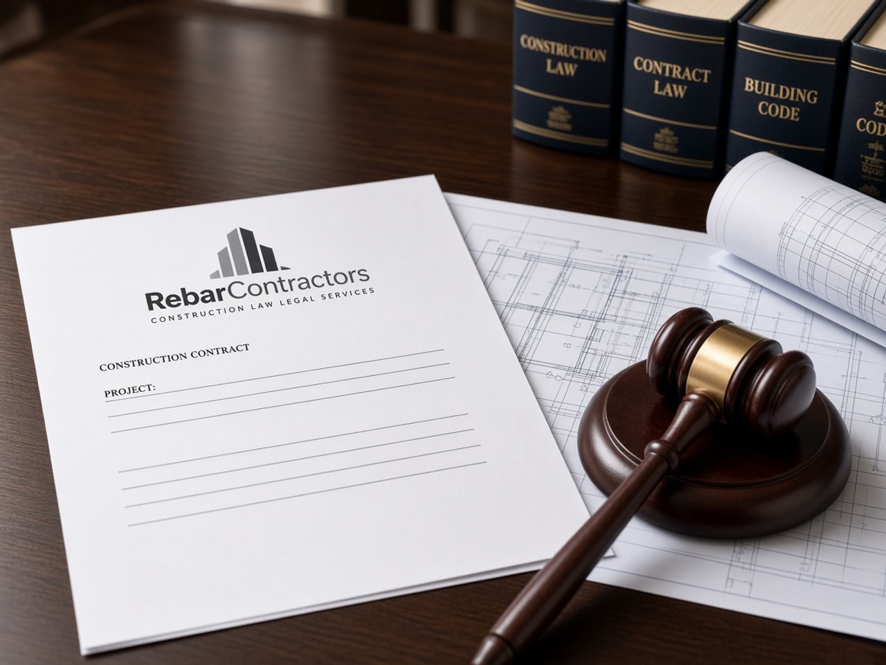 Construction law contract documents and wooden gavel on a lawyer desk