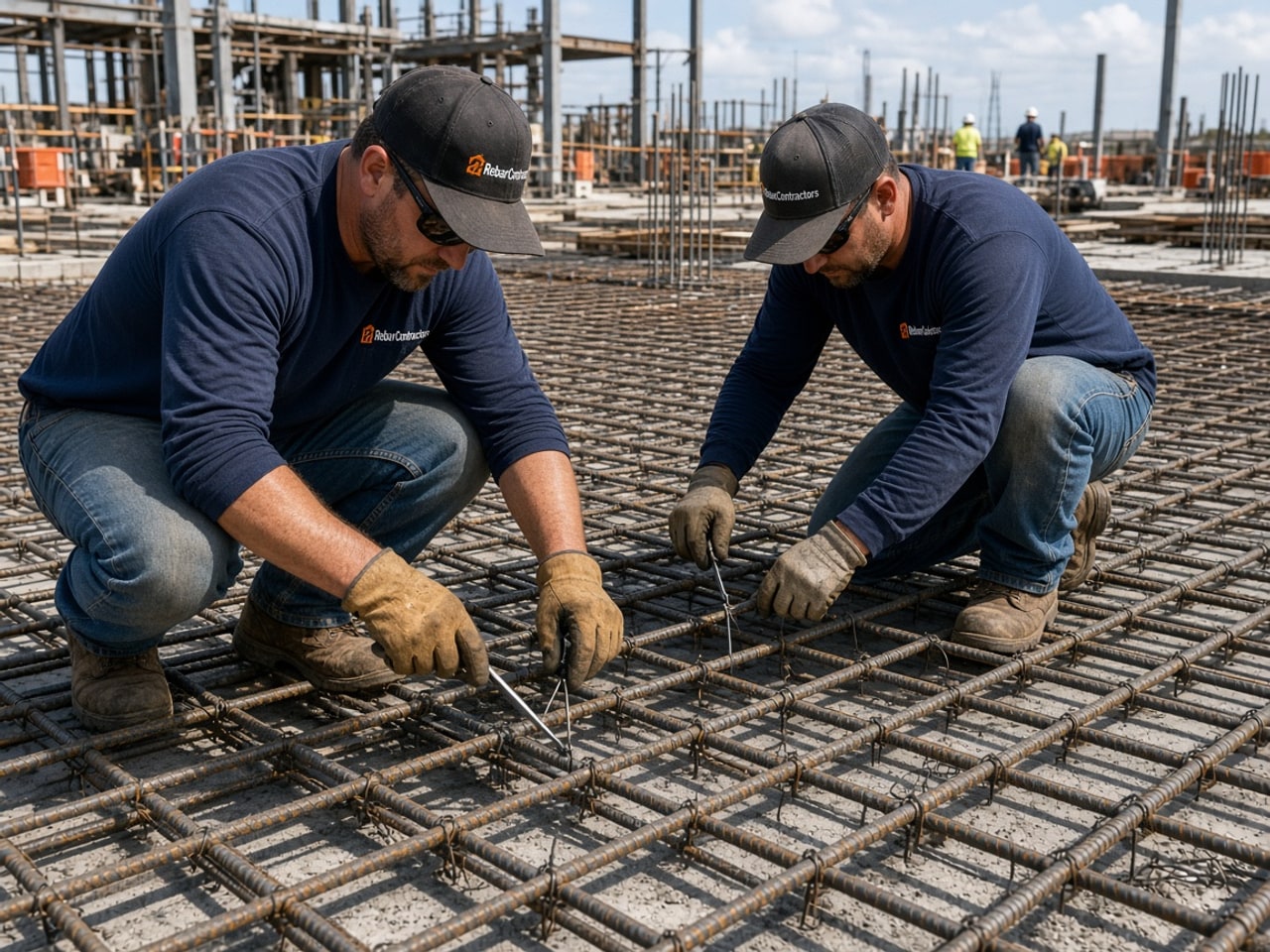 Ironworkers tying reinforcing steel rebar on a commercial slab foundation
