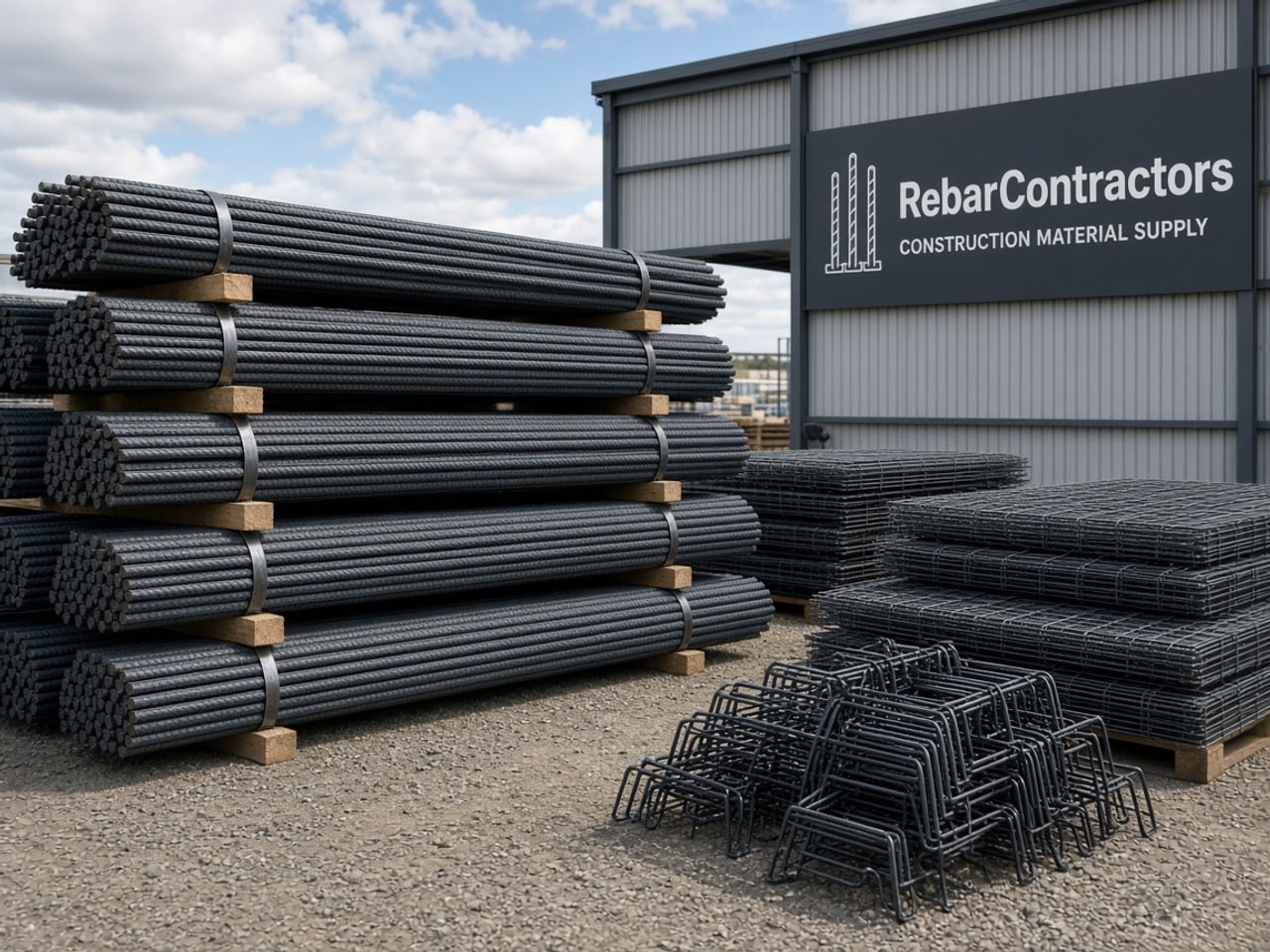 Bundled reinforcing steel bars and rebar accessories in a supply yard